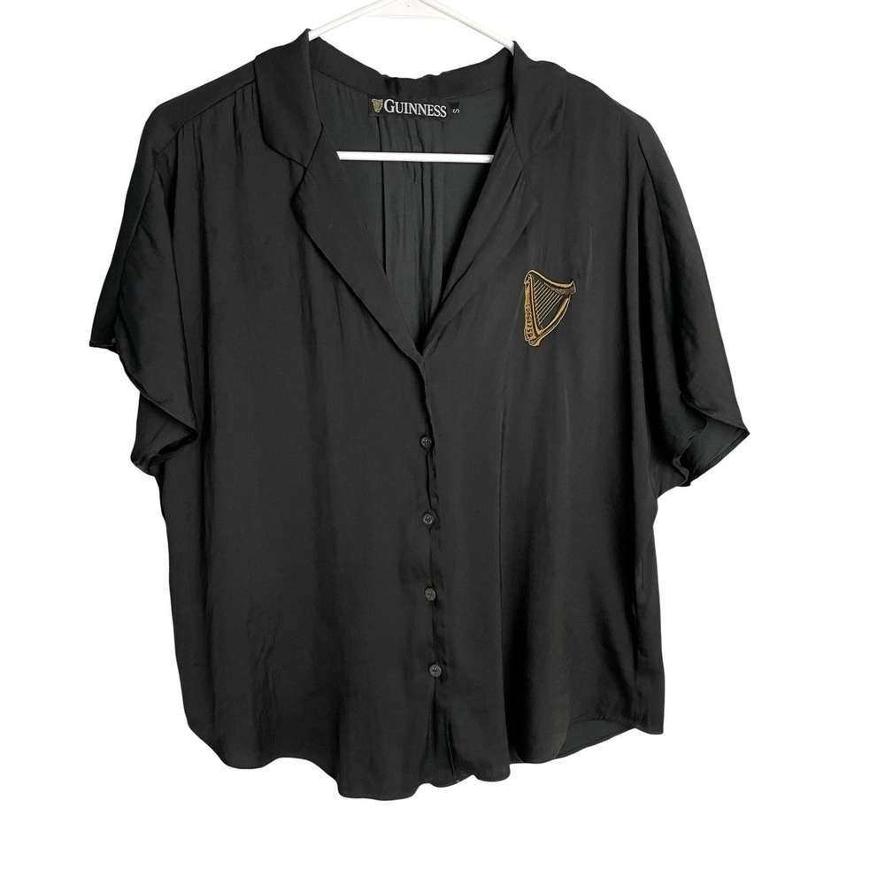 Womens Guinness Beer Blouse Shirt Size S Black Short Sleeve Button‎ Up Harp Logo